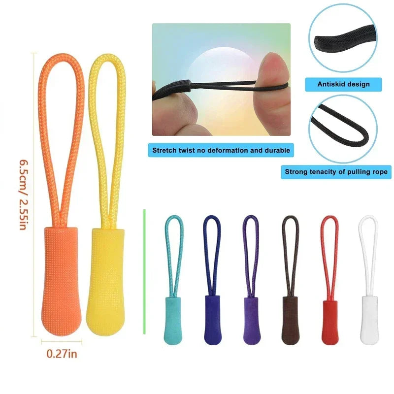 A set of five colorful plastic zipper pulls in various colors including orange, yellow, blue, purple, brown, and white.