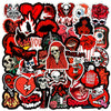 A collection of gothic skull stickers featuring various designs in red, black, and white on a transparent background.