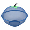 Blue metal fruit basket with a mesh cover and a green handle.