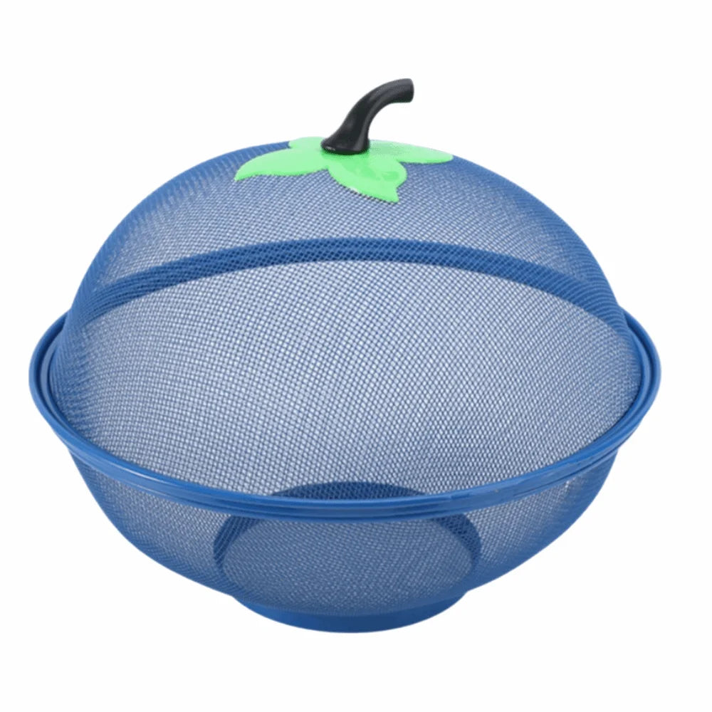 Blue metal fruit basket with a mesh cover and a green handle.