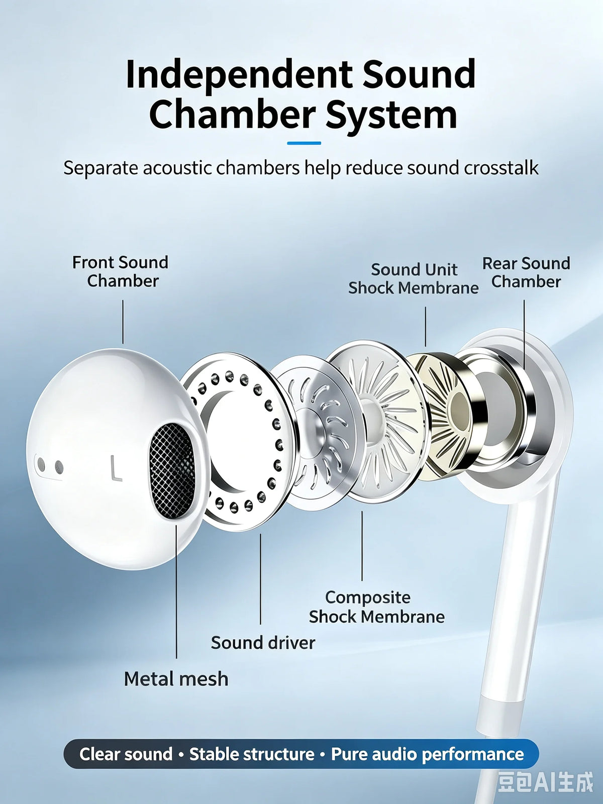 A diagram showing an independent sound chamber system with separate acoustic chambers and a sound unit shock membrane.
