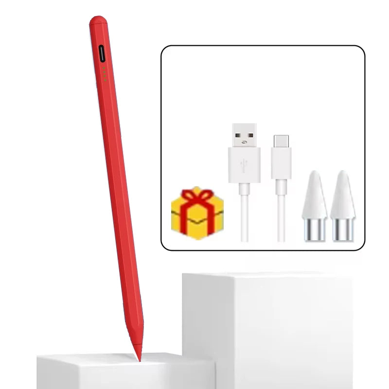 Un bolígrafo stylus rojo de precisión junto a varios componentes de carga y conexión.