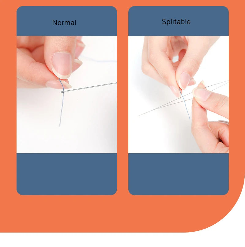 Comparison image showing normal and splittable beading needles, demonstrating different types of needle tips.