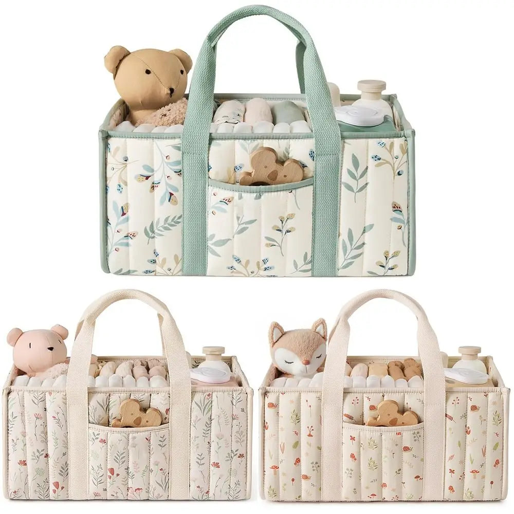 A floral diaper organizer bag with multiple compartments featuring soft fabric and various baby items.