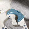 A light blue and white comfort squatting stool is shown on a tiled floor.