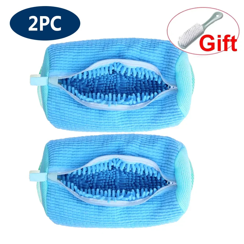 Two blue reusable mesh shoe laundry bags with a gift brush