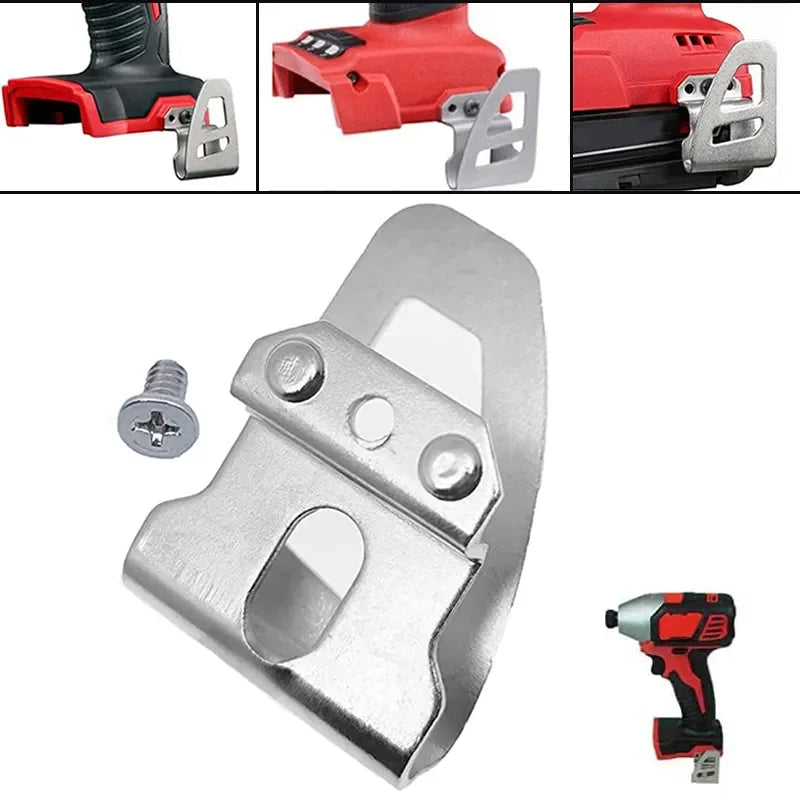 A set of belt clip hook bits and a red cordless drill accessory.