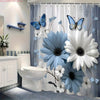 Blue & White Daisy Butterfly Shower Curtain with Hooks