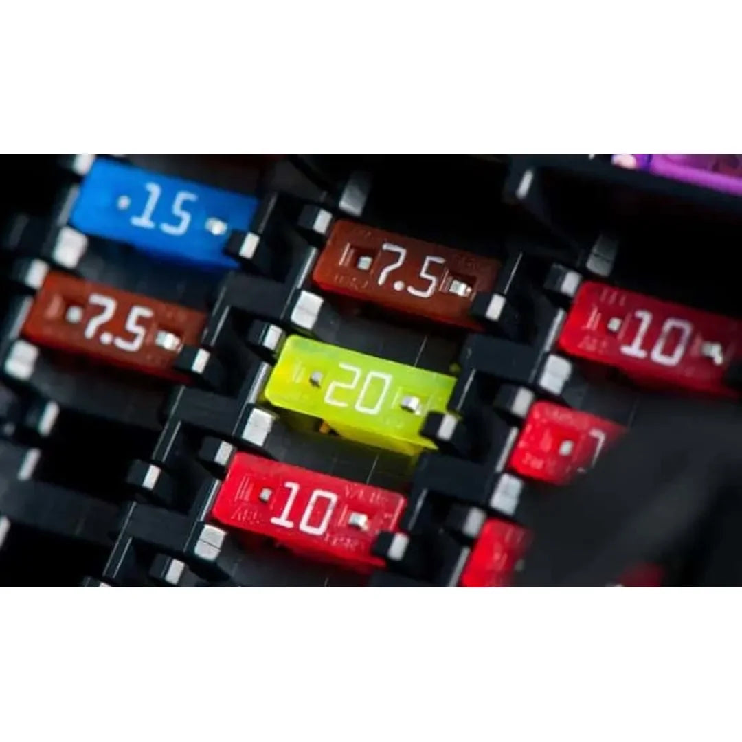 A close-up view of a complete car blade fuse assortment kit with various fuses stored in a black box.