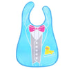A light blue wipeable baby bib with a pink bow and a catch-all pocket for weaning toddlers.
