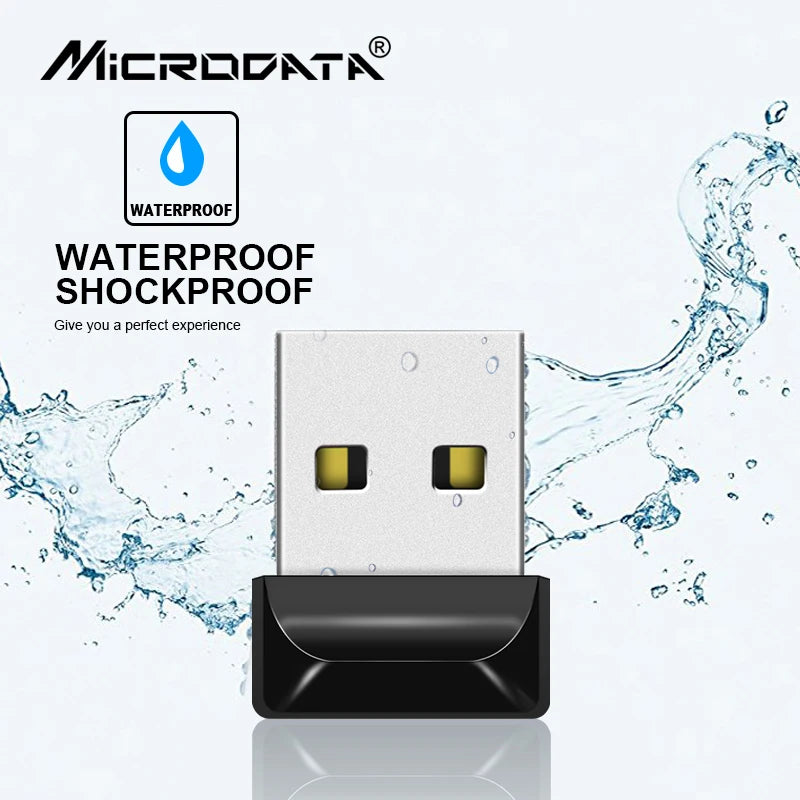 A waterproof shockproof compact USB flash drive with a black connector and silver body.