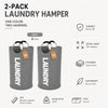 A set of two gray, extra large, foldable laundry hampers with padded handles.