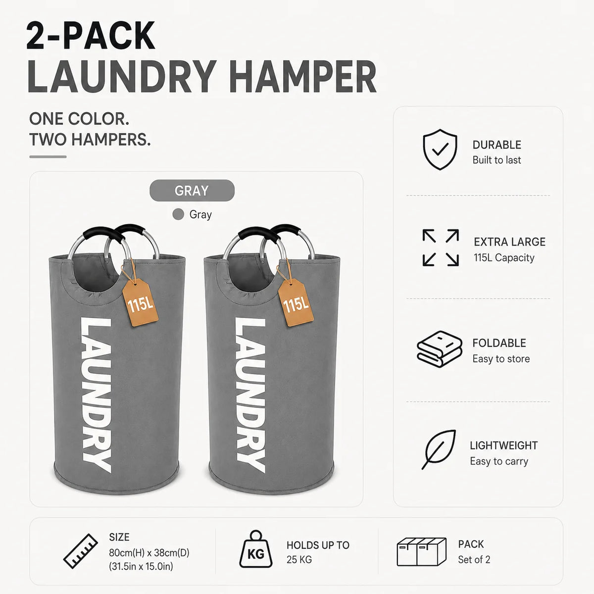 A set of two gray, extra large 115L collapsible laundry hampers with padded handles.