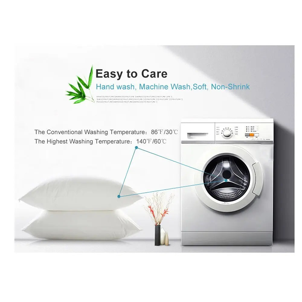 A white pillow protector is shown next to a washing machine with text describing easy care features.