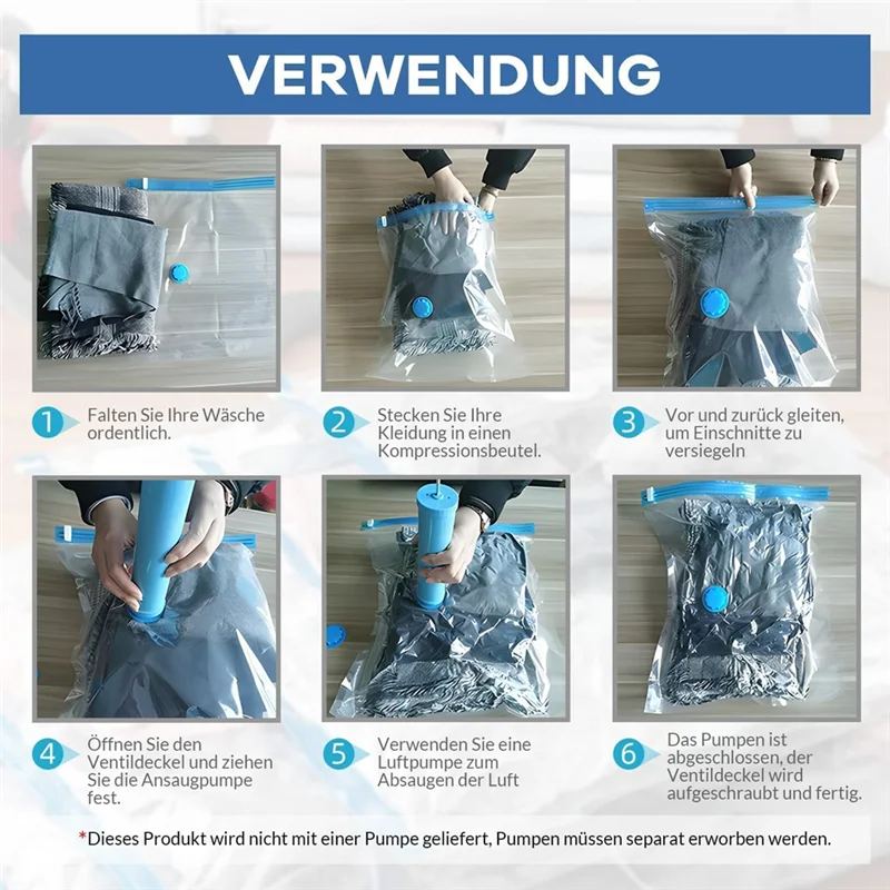 Anleitung zum Falten, Befüllen und Versiegeln wiederverwendbarer Vakuumbeutel für Vakuumversiegelung.