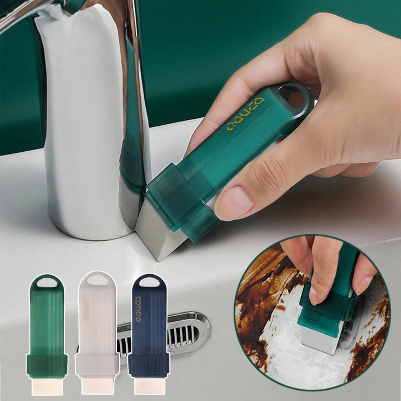 A hand holds a teal reusable limescale and stain eraser, showing its size and texture next to faucet components.