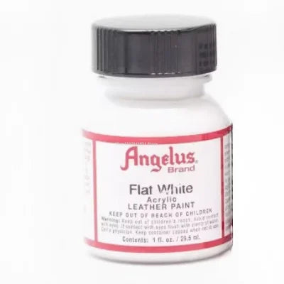 A bottle of Angelus Flat White acrylic leather paint with a black cap and a red label.