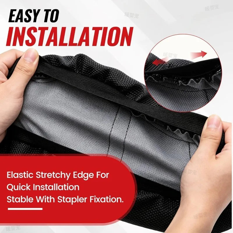 Hand installing an elastic stretchy edge seat cover for an electric bike using a stapler fixation method.