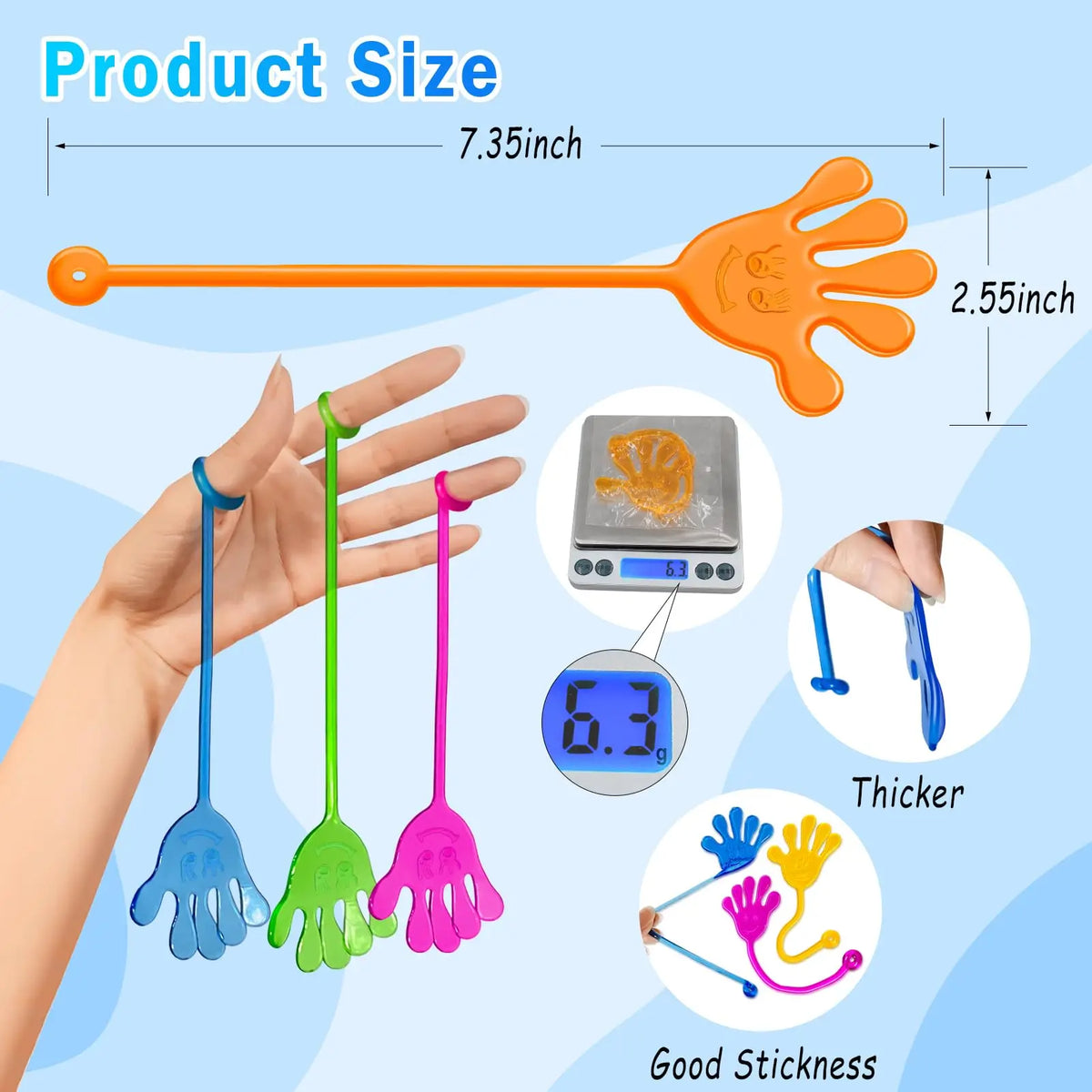Colorful stretchy sticky hands party favors for kids shown with various colors and a measuring scale