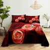 A close-up of a red rose digital print bedding set featuring deep red and pink roses on a dark background.