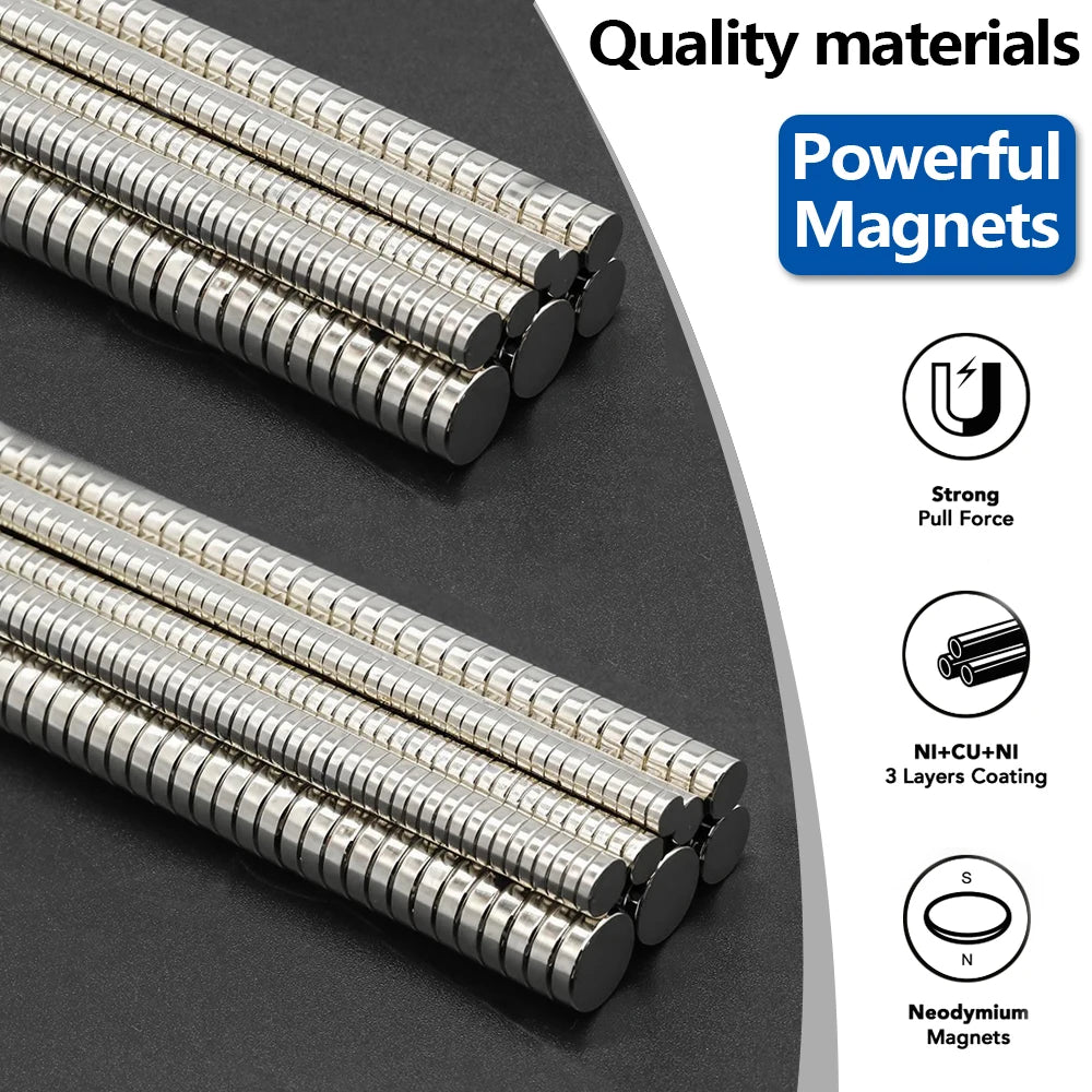 Close-up view of silver and black disc magnets with a title highlighting powerful magnets and nickel-plated layers
