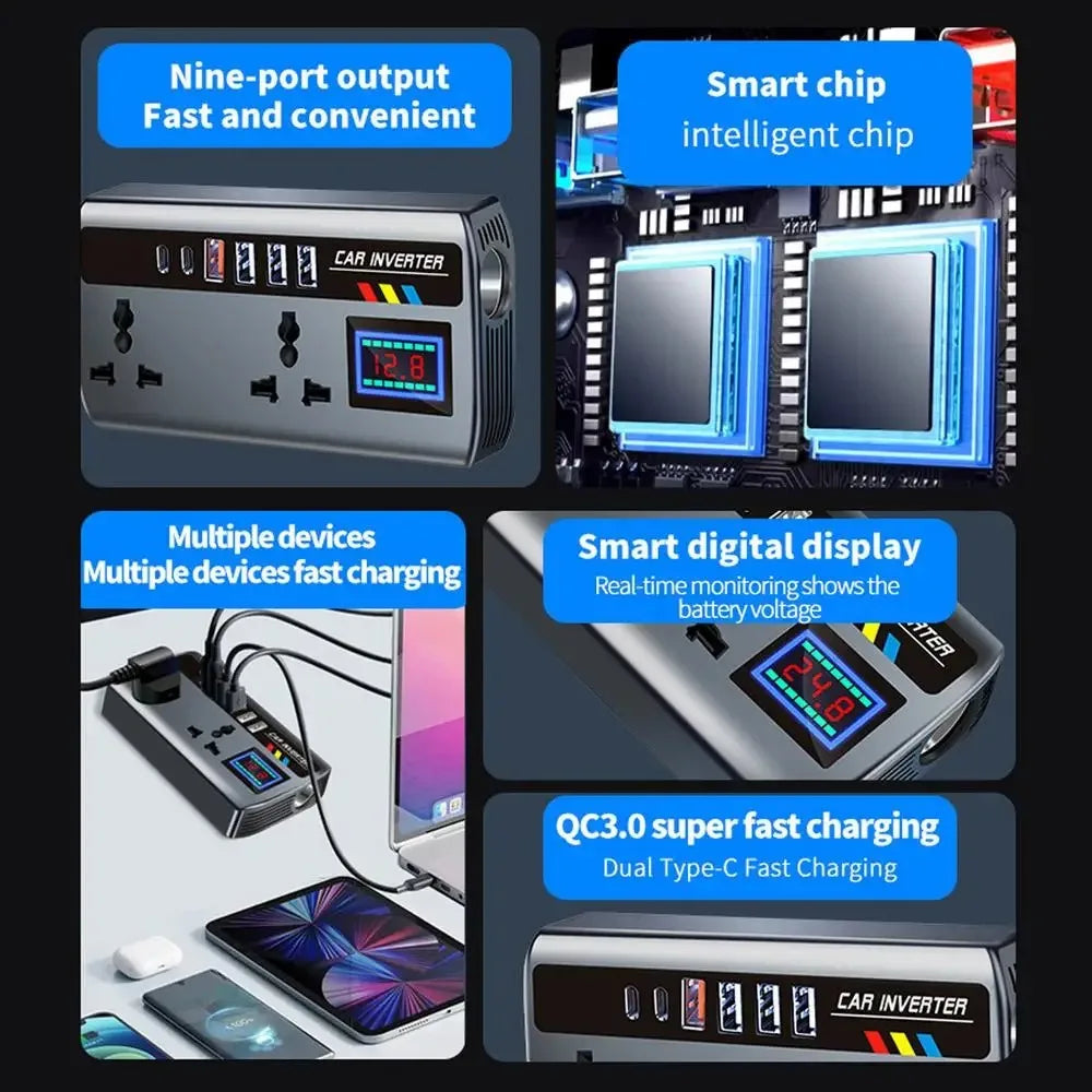 A portable car inverter device showing features like nine-port output, a smart chip, multiple fast charging ports, and a digi