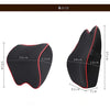Black memory foam car headrest neck pillow shown from the side and top view with dimensions.