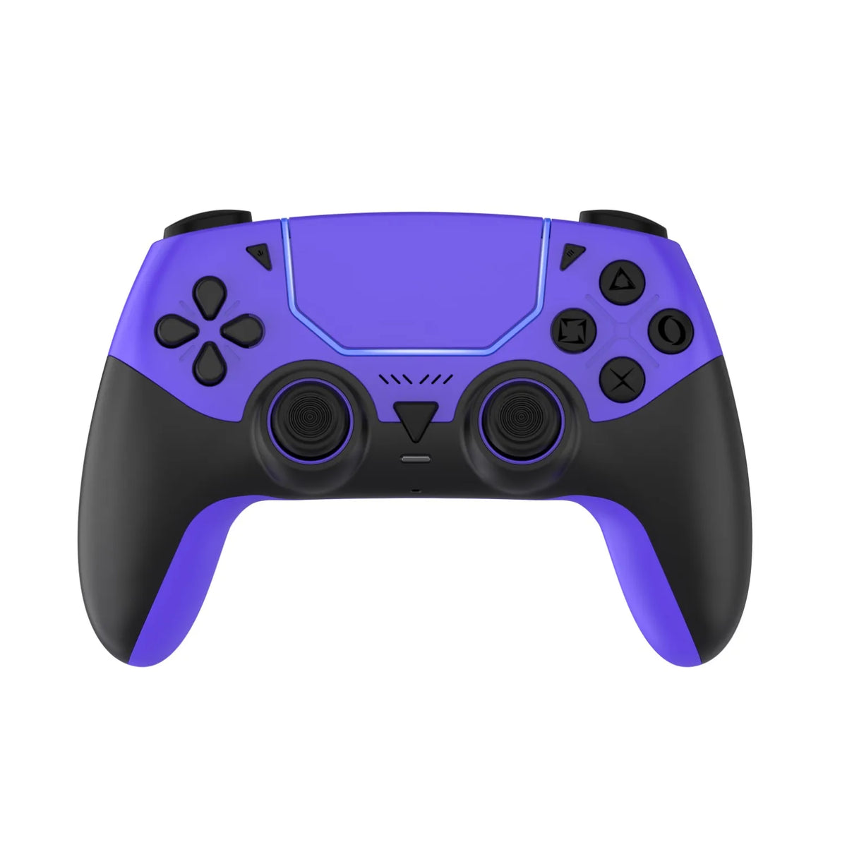 A purple and black wireless gaming controller with hall effect joysticks shown from the top view.