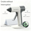 A white cordless glue gun with a gray body and green light, shown next to glue sticks and usage details.