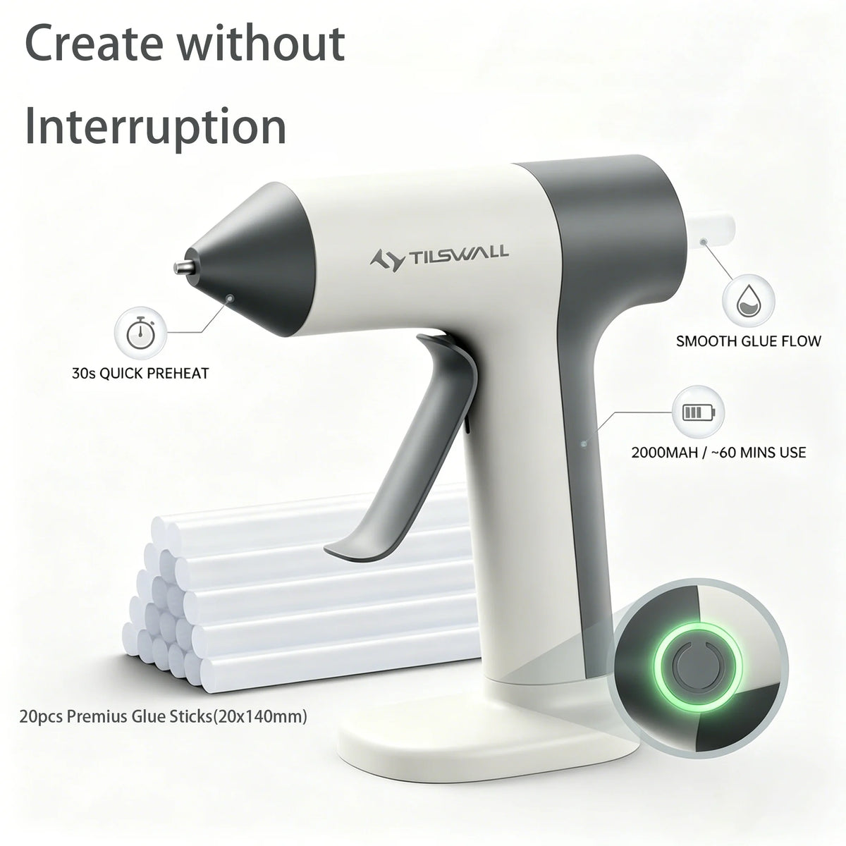 A white cordless glue gun with a gray body and green light, shown next to glue sticks and usage details.