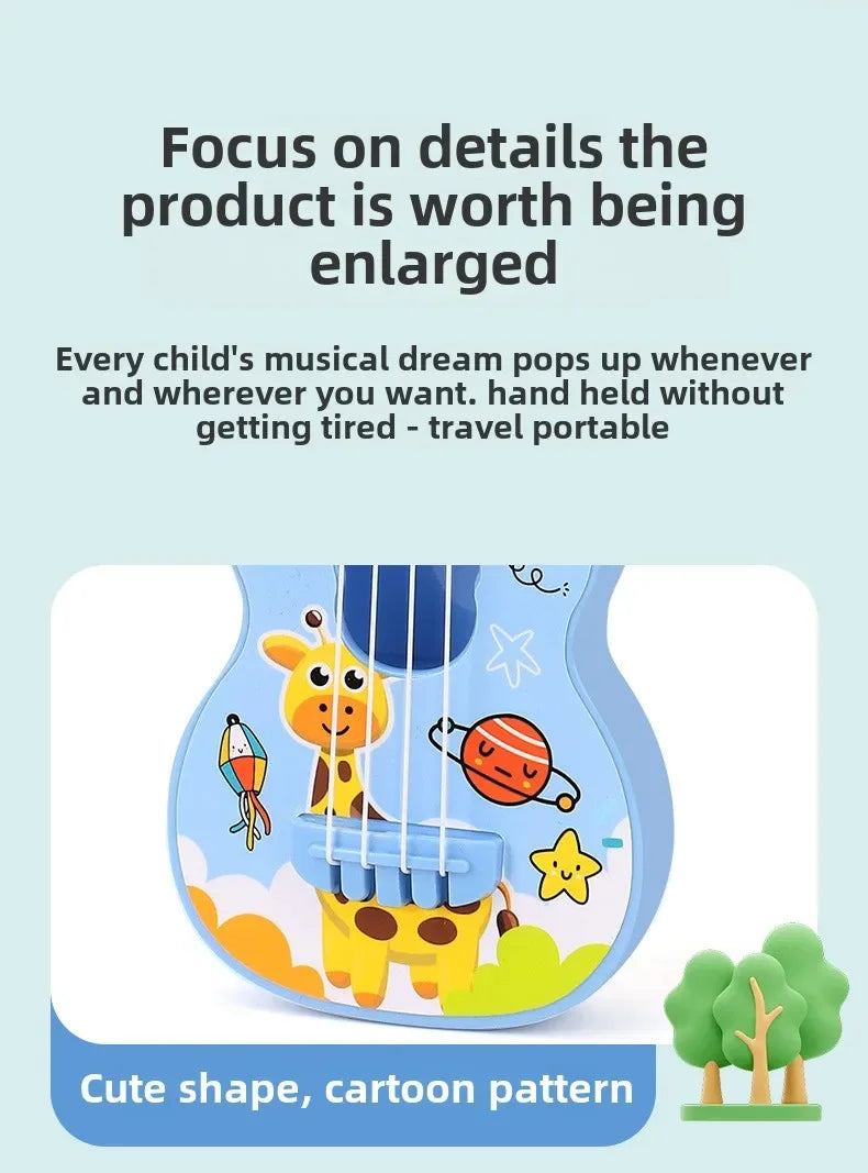 A yellow cartoon-shaped ukulele toy guitar with a blue body and musical notes, featuring a cute shape and cartoon pattern.