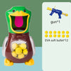 A plastic duck shooting target game featuring a green and yellow duck head, brown body, and an air-powered gun with twelve so