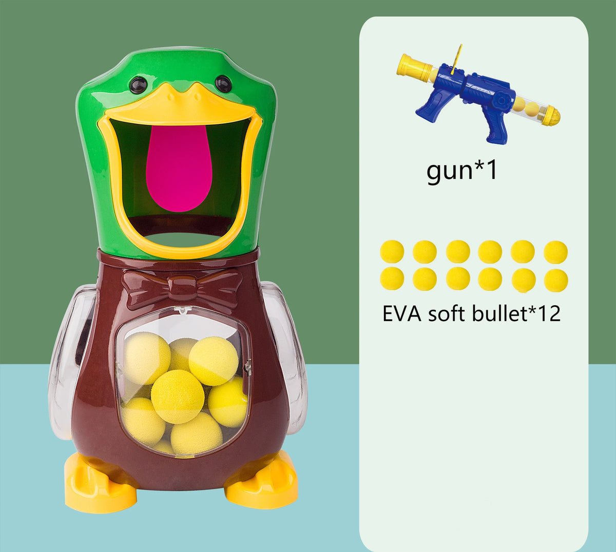 A plastic duck shooting target game featuring a green and yellow duck head, brown body, and an air-powered gun with twelve so