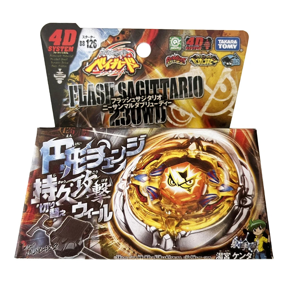 A package of a 4D System Flash Sagittario battle toy featuring a metal spinning top.