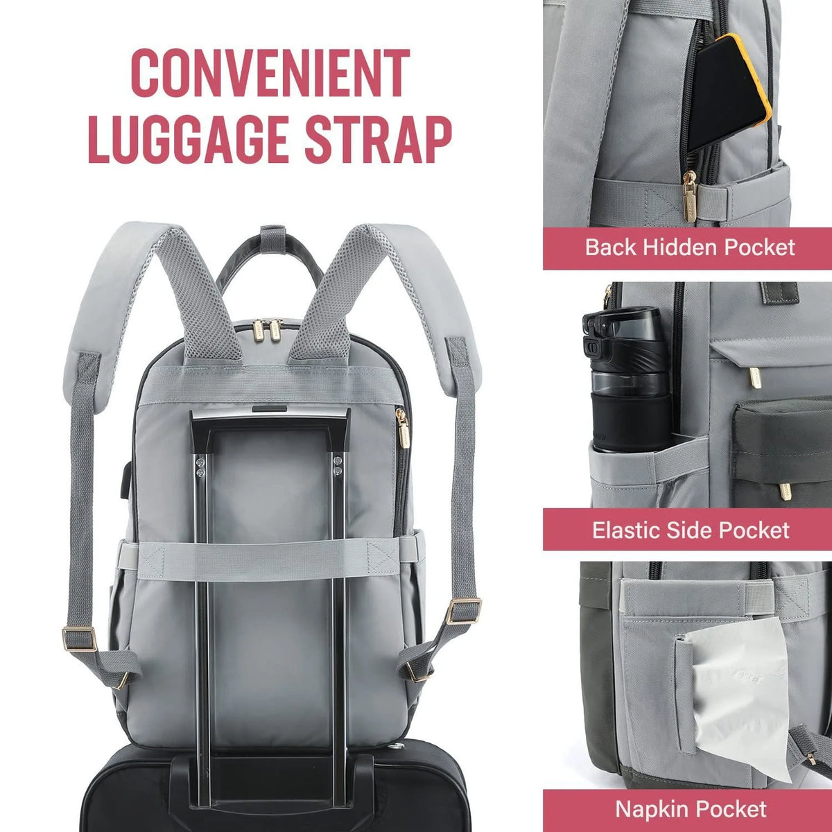 Women's Nylon Waterproof Casual Backpack with USB Port, Fits 15.6 Inch Laptop