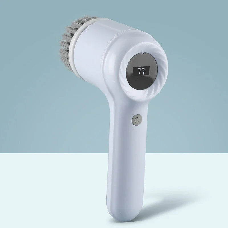 A white cordless electric spin scrubber with a brush head and a digital display showing 77.