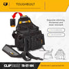 A black ToughBuilt tool belt with multiple pockets and a quick release buckle shown next to tools.