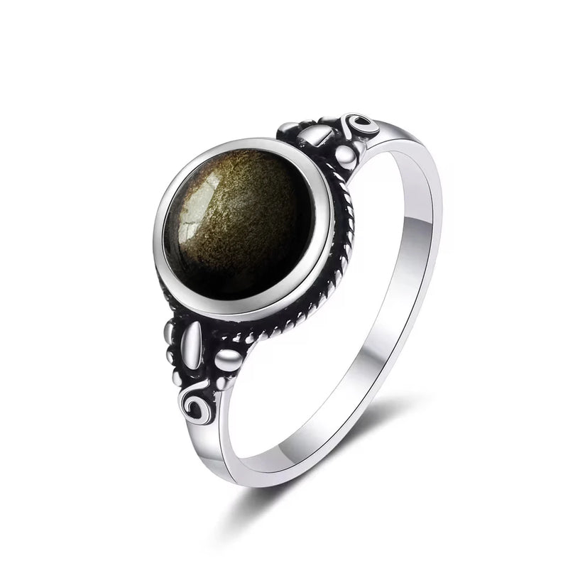 Vintage Sterling Silver Obsidian Ring with Sun and Flower Motif