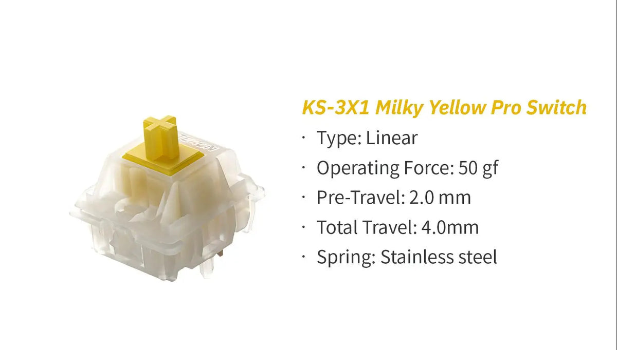 لقطة مقربة لمفتاح لوحة مفاتيح ميكانيكي أصفر، يحمل علامة KS-3X1 Milky Yellow Pro Switch.