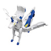 A white and blue transforming unicorn car toy with magnetic collision features.