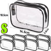 A clear PVC travel makeup and toiletry organizer bag with a zipper shown in various configurations.