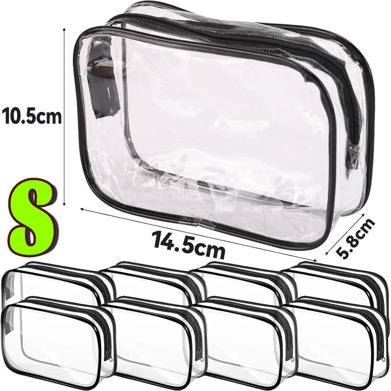 A clear PVC travel makeup and toiletry organizer bag with a zipper shown in various configurations.