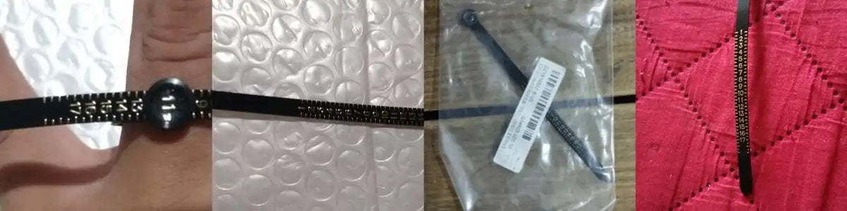 A ring sizer measuring tool with a magnifier is shown next to various textures and packaging.
