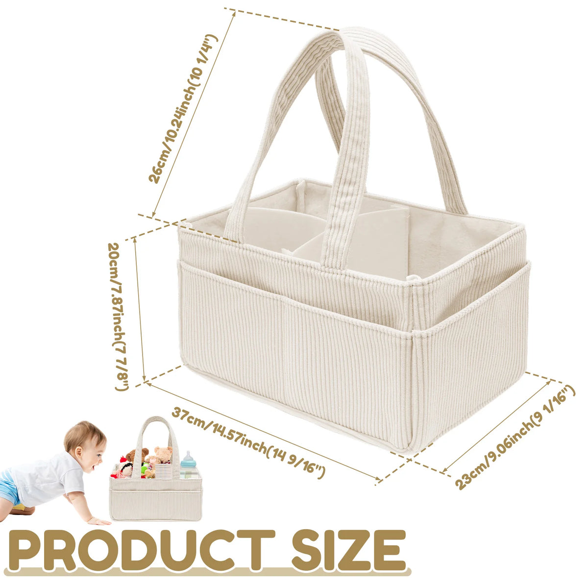 A beige corduroy baby diaper caddy organizer with handles shown from above and to the side.
