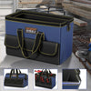 A blue and black heavy-duty waterproof tool bag with multiple compartments shown from the side.