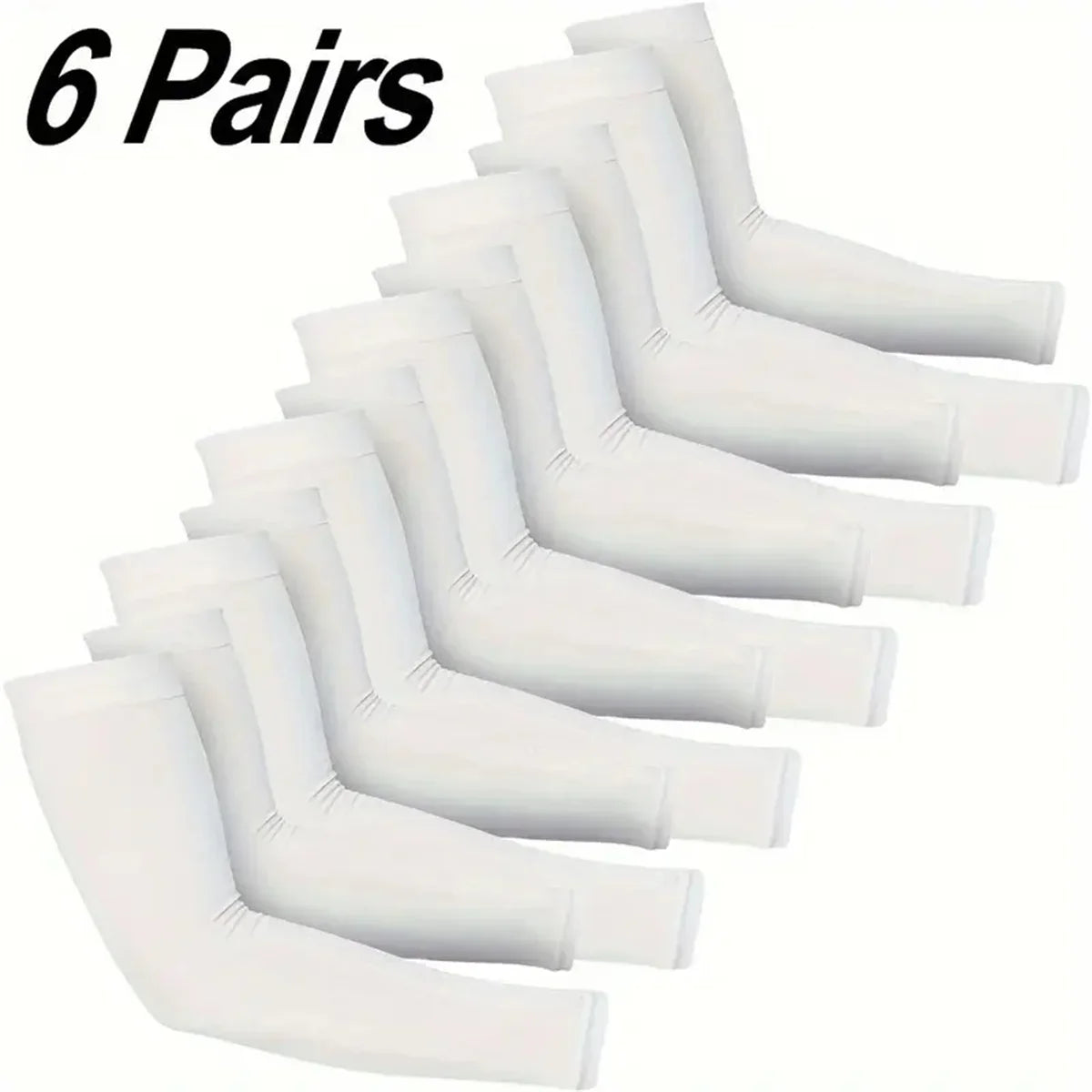 Six pairs of white UV protection cooling arm sleeves displayed in a row.