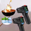 A black digital infrared thermometer is shown next to a bowl of burning wood and ice cubes.