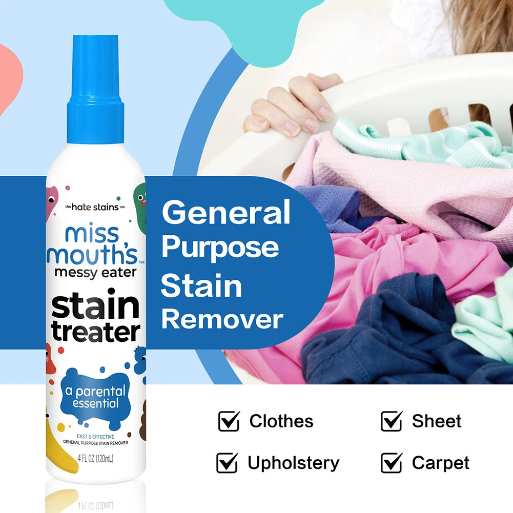 A bottle of miss mouth's stain treater general purpose stain remover spray with a blue cap and white label