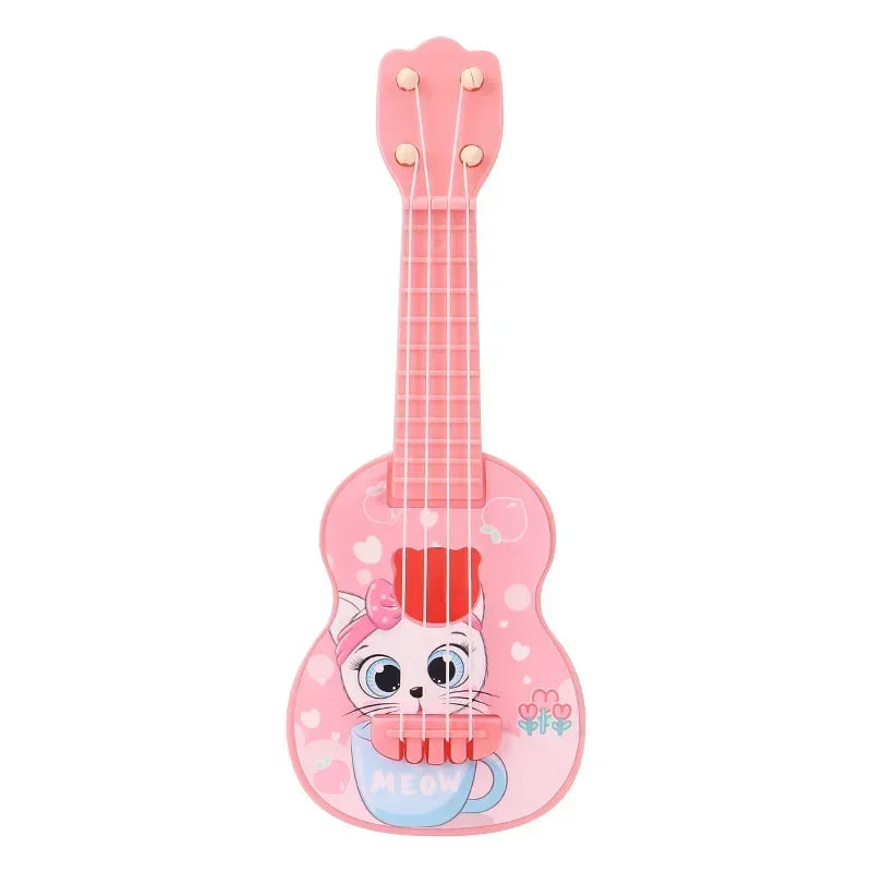 Pink mini ukulele toy guitar with a cat face design and pink body