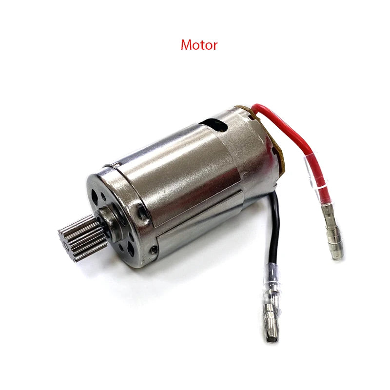 A silver electric motor with wires attached, used as a component for an RC car receiver parts kit.